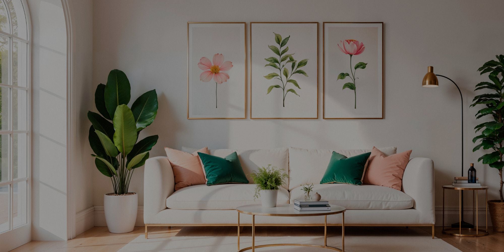 Living room with a white sofa, decorative pillows, and floral wall art.