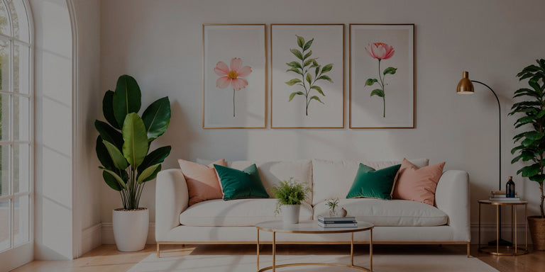 Living room with a white sofa, decorative pillows, and floral wall art.
