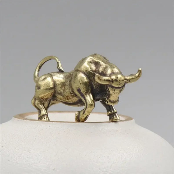 Vintage Brass Bull Keychain Zodiac Figurine Copper Pendant Home Accessory
