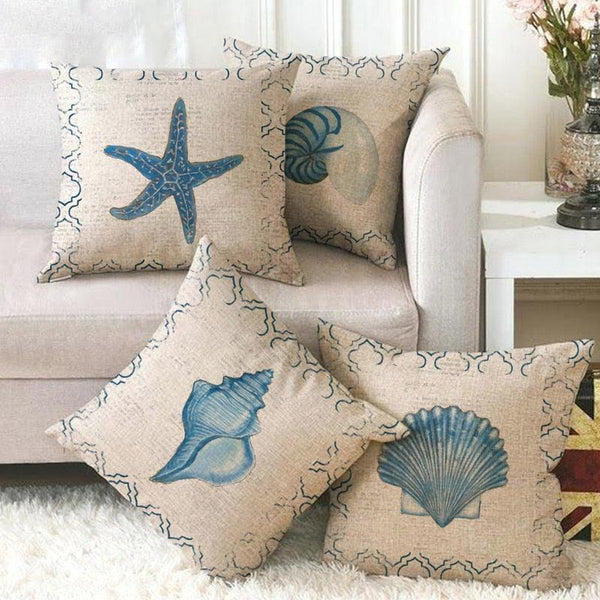 Marine Sea Life Linen Pillow Cover – 45x45cm