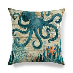 Marine Sea Life Linen Pillow Cover – 45x45cm